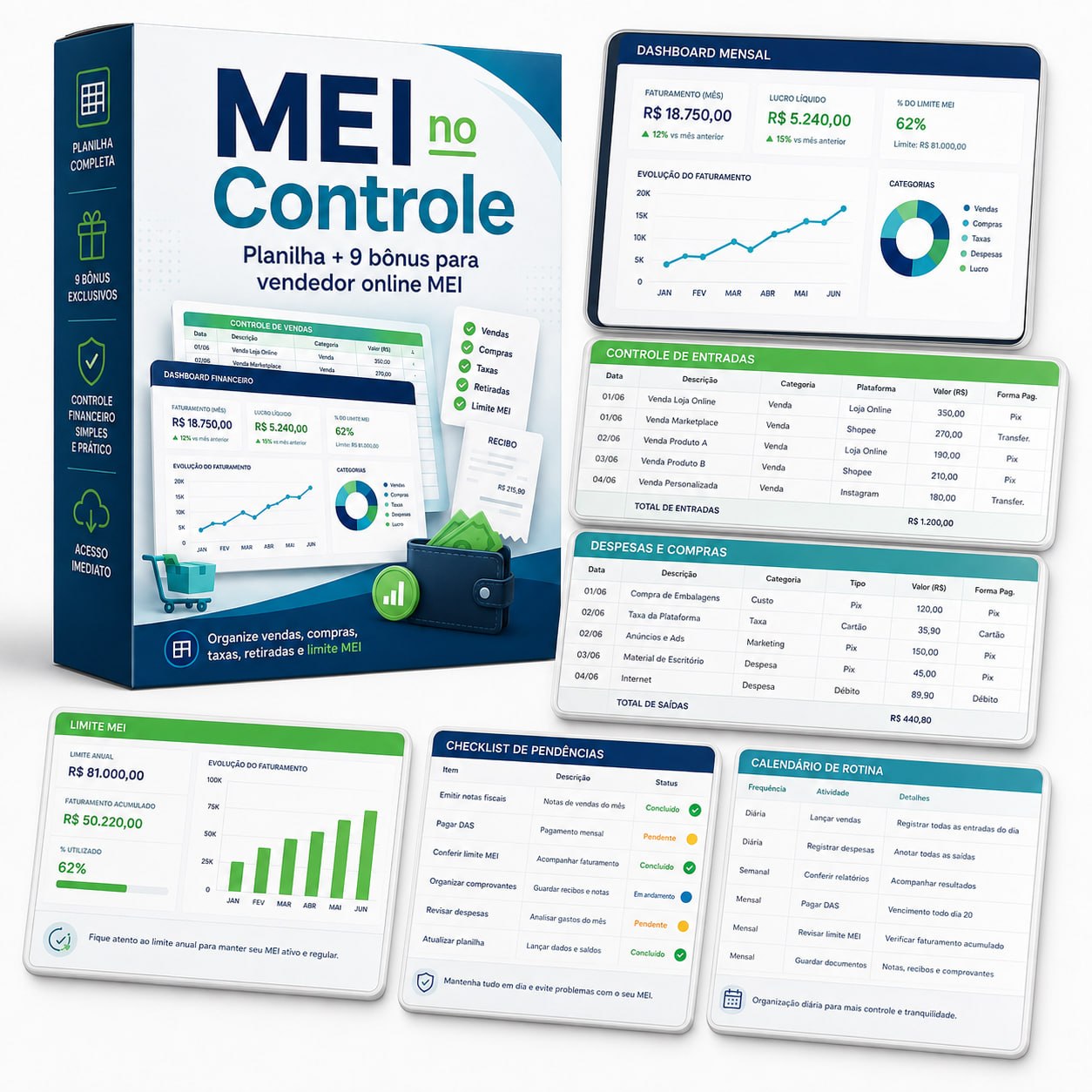 Mockup do MEI no Controle com planilha, dashboards e bônus